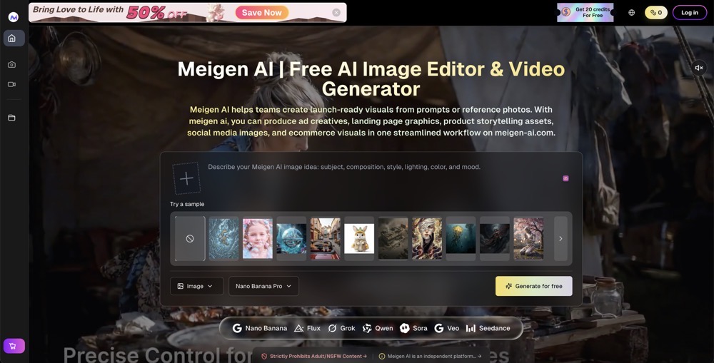 Meigen AI is a free AI creative platform for editing images and generating videos with simple text prompts. Use it to enhance photos, create new visual concepts, turn ideas into polished media, and speed up social content production without advanced design skills. Built for creators, marketers, students, everyday users, Meigen AI makes AI image editing and video generation easier, faster, and more accessible for modern digital storytelling across social media, websites, ads, and projects today. - Product Image
